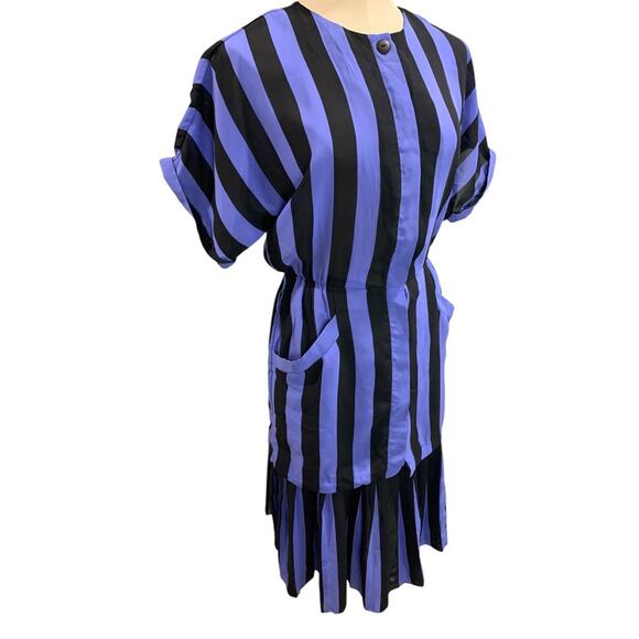 Size 6 Blake Elizabeth Purple Black Stripe Vintage 1980s Dress Pockets Pleated - Picture 1 of 8